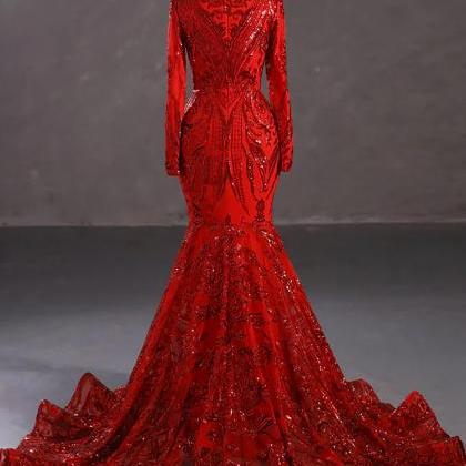 Long Red Sequins Lace Formal Evening Dress With..