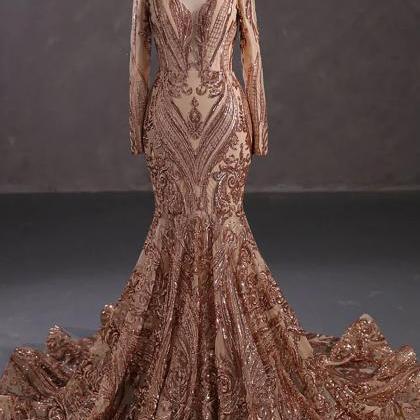 Long Champagne Sequins Lace Formal Evening Dress..