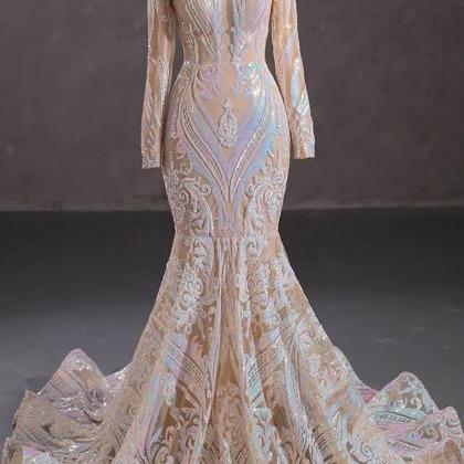 Long Iridescent Sequins Lace Formal Evening Dress..