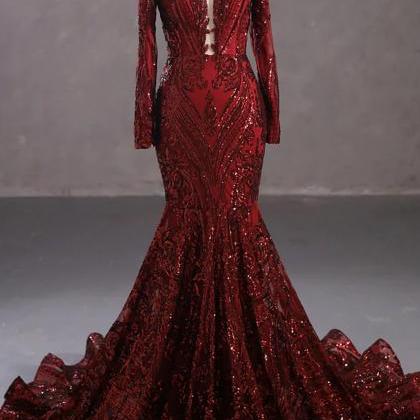 Long Burgundy Sequins Lace Formal Evening Dress..