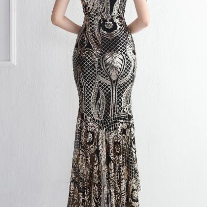 Sequins Lace Formal Evening Dress With Shoulder..