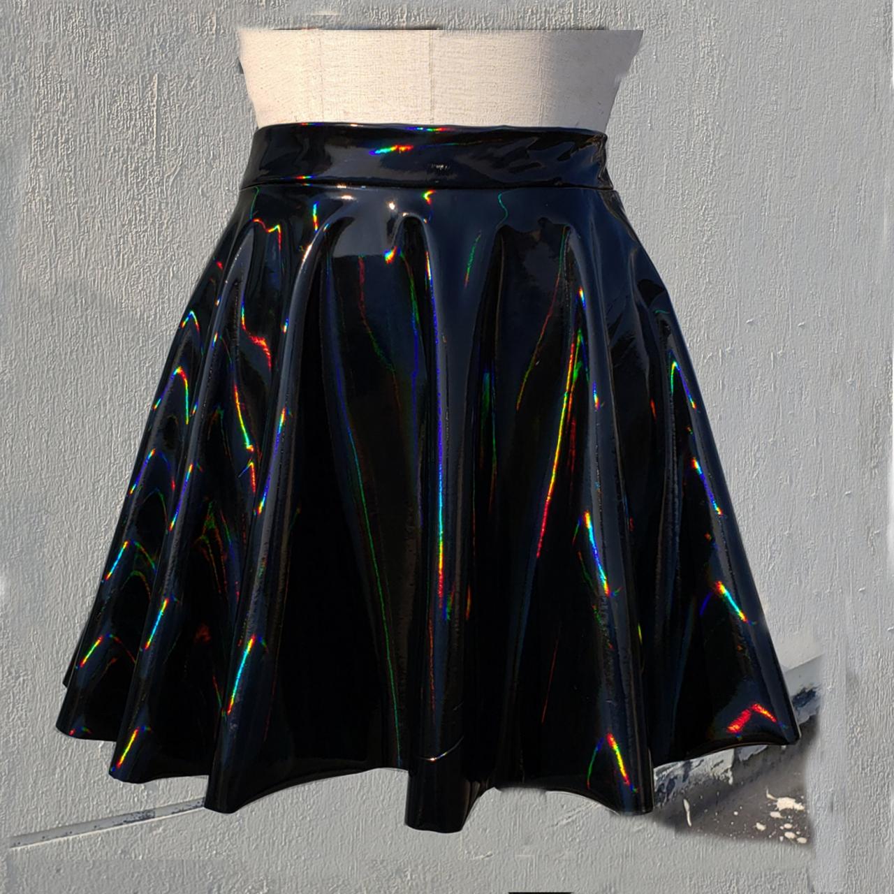 Gothic Skirt, Holographic Black Gloss Stretch Pvc Vinyl Circle Skater Skirt,rave Skirt,goth Skirt