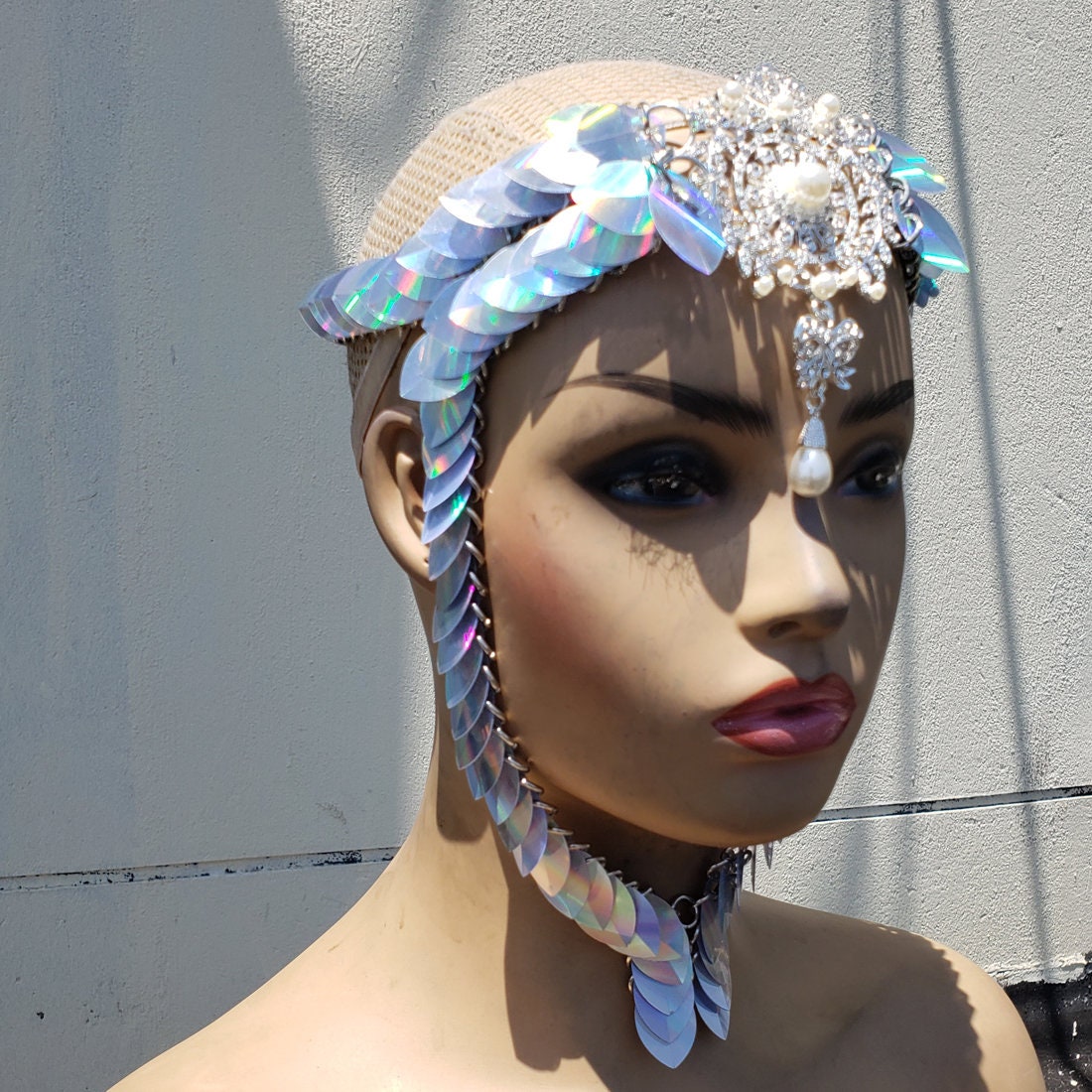 Holographic Scalemail Performance Headpiece, Wedding Headpiece,Festival Dance Halloween Costume
