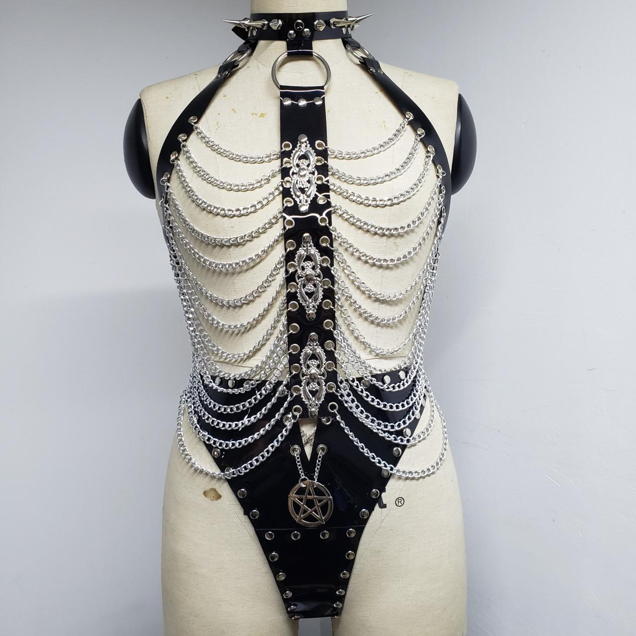Chest harness with chains, PVC Harness With Spike Choker, Skeleton Harness,Bra Harnes With Chains, Gothic BDSM Fetish Harness ,PVC G-string