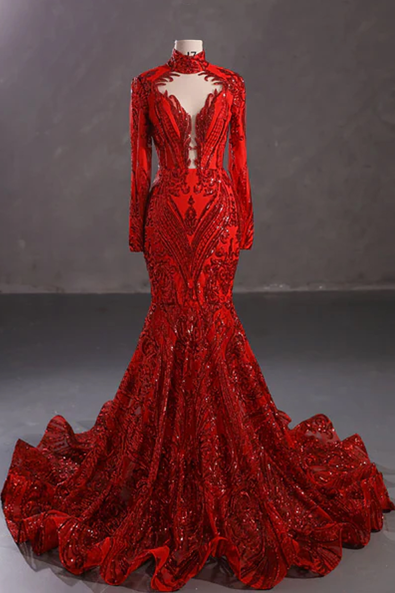 Long Red Sequins Lace Formal Evening Dress With Halter Neck,christmas Party Prom Dress