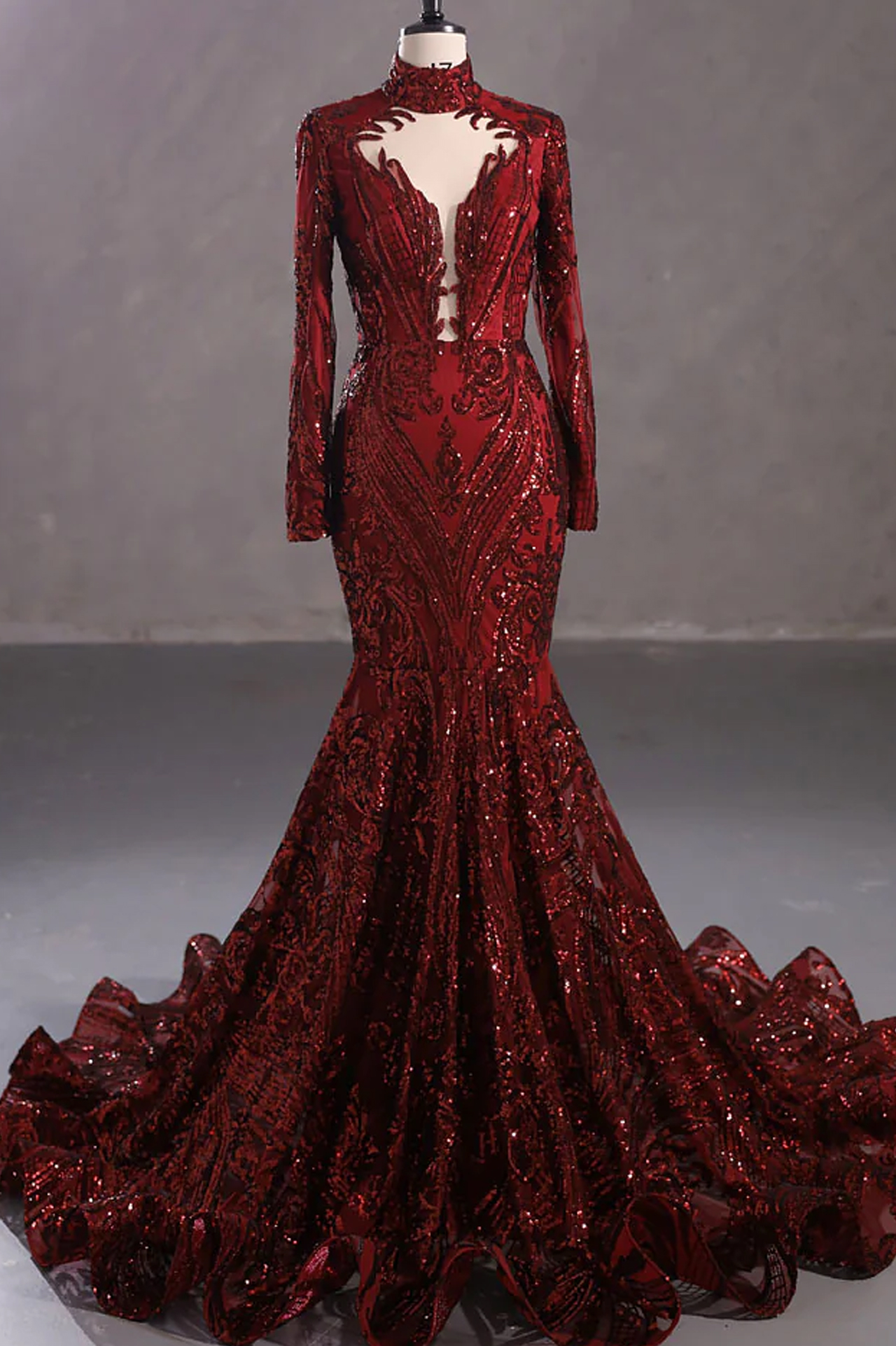 Long Burgundy Sequins Lace Formal Evening Dress With Halter Neck, Mermaid Party Prom Dress