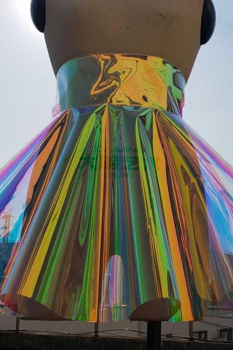 Handmade Plus Size Clothing Holographic Rainbow Iridescent PVC High Waist Skater Circle Skirt Women Rave Clothes Outfits