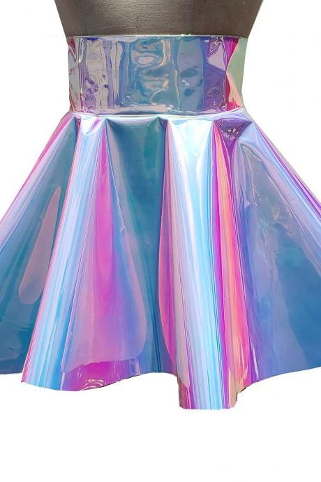 Handmade Plus Size Clothing Holographic Iridescent PVC High Waist Skater Circle Skirt Women Rave Clothes Outfits
