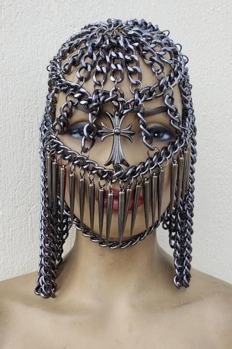 Black Chain Head Dress, Chain Headpiece,Metal Head Chain, Silver Hair Chain Jewelry, Unique Fashion Wigs, Festival Head Piece