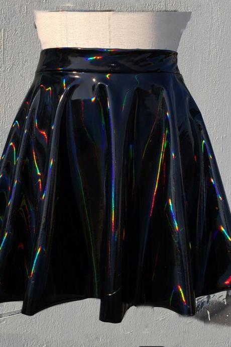 Gothic Skirt, Holographic Black Gloss Stretch PVC Vinyl Circle Skater Skirt,Rave Skirt,Goth Skirt