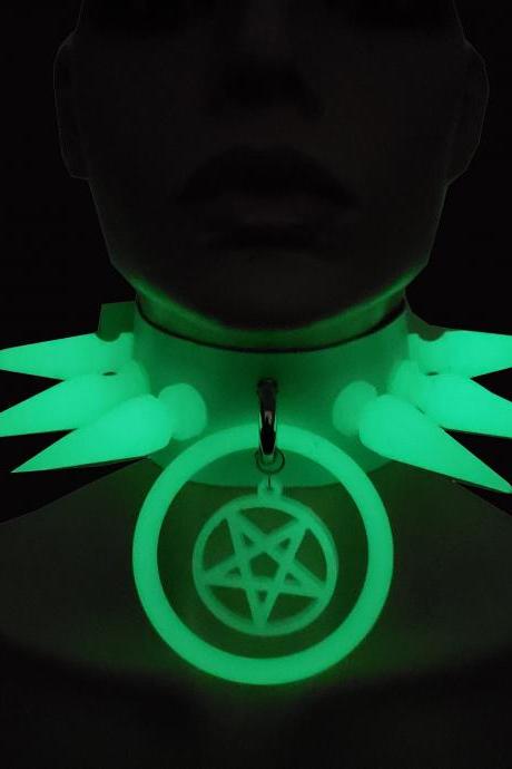 Handmade Gaint Spike Glow In The Dark Choker Collar ,o Ring Choker,pentagram Choker,gothic, Punk ,alternative ,goth,rave Leather Choker