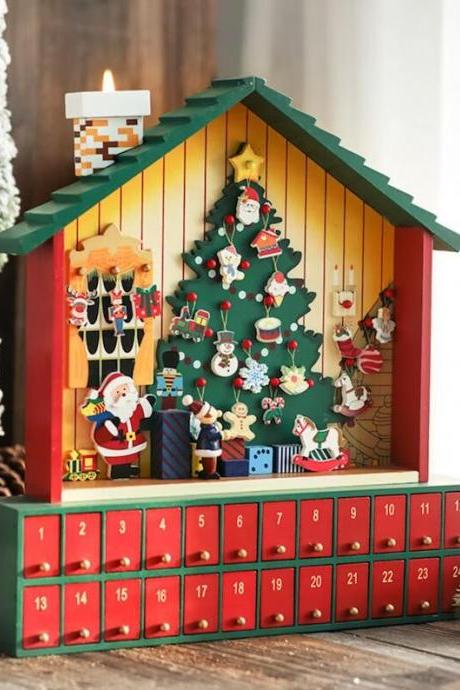 2022 Christmas Tree in House Santa Advent Calendar Handcrafted Wooden Christmas Coming Countdown Decoration Little Girl Filling Drawers Gift