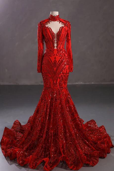 Long Red Sequins Lace Formal Evening Dress With Halter Neck,christmas Party Prom Dress