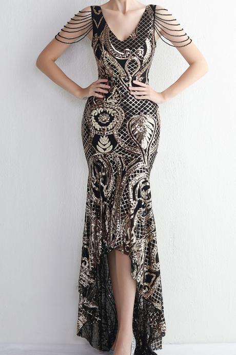 Sequins Lace Formal Evening Dress With Shoulder Piece ，party Prom Dress