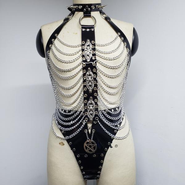Chest harness with chains, PVC Harness With Spike Choker, Skeleton Harness,Bra Harnes With Chains, Gothic BDSM Fetish Harness ,PVC G-string