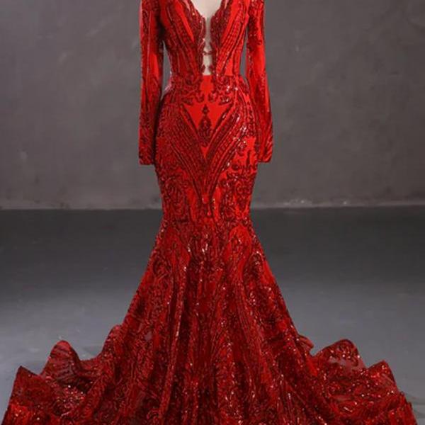 Hot Long Red Sequins Lace Formal Evening Dress with Halter Neck,Christmas Party Prom Dress